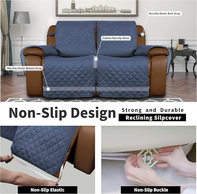 Easy-Going Loveseat Recliner Cover, Reversible Couch Cover for Double Recliner, Split Sofa Cover for Each Seat, Furniture Protector with Elastic Straps for Kids, Dogs(2 Seater, Dark Blue/Light Blue)