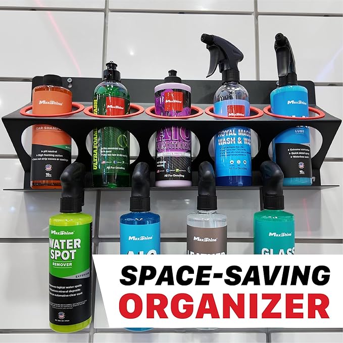 Maxshine Universal Detailing Spray Bottle Holder (No Logo) – Mobile Detailing & Car Garage Organizer, Holds 5 Bottles (16/32oz) with 4 Small Holes – Lightweight Design, Easy Wall Mounting