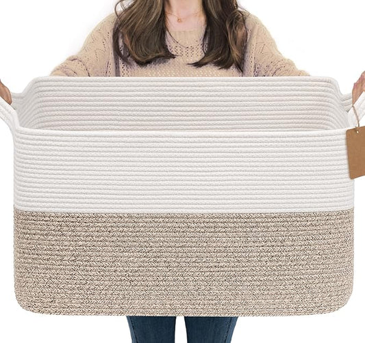 Goodpick Woven Storage Basket, 22”x17”x12” Large Blanket Storage for Living Room, Rope Baskets for Organizing, Rectangle Nursery Toy Box With Handles, Brown and White