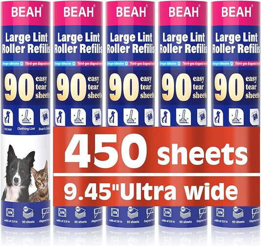 BEAH Lint Roller Refills (5 Packs, 450 Sheets) Lint Rollers for Pet Hair, Extra Sticky Refills, Compatible with 9.45-inch lint Rollers requiring a 1.5-inch Inner Diameter