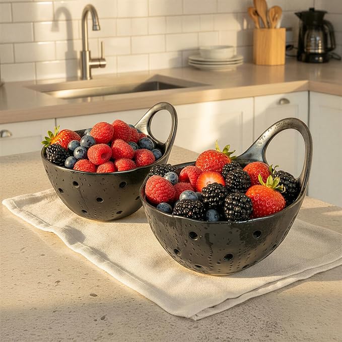 Creative Co-Op Set of 2 Black Reactive Glaze Stoneware Colanders