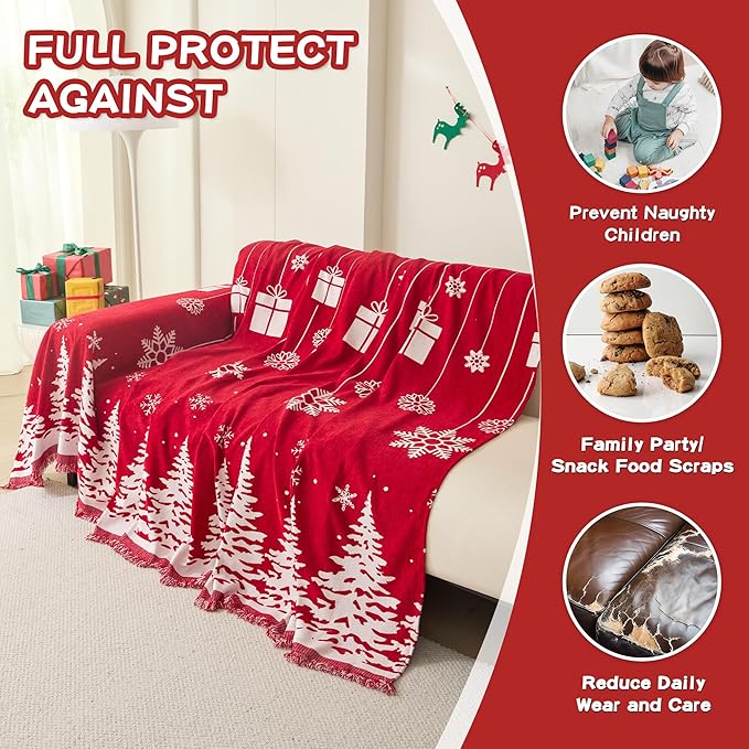 MEETSKY Christmas Couch Cover for Sectional Sofa, Chenille Loveseat Red Sofa Covers Washable for Pet Friendly Cedar Decorative Couch Covers, 71" x 102"