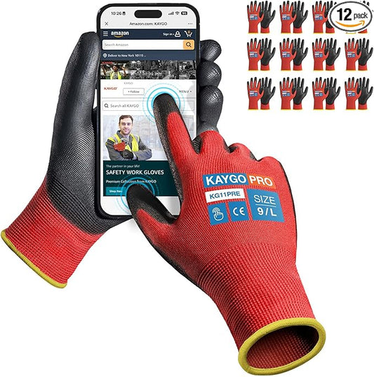 KAYGO Work Gloves PU Coated for Men and Women, 12 Pairs Safety Work Gloves with Two Fingers Touchscreen, Breathable and Lightweight,Ideal for Light Warehouse, Manufacturing, Gardening, KG11P (L, Red)