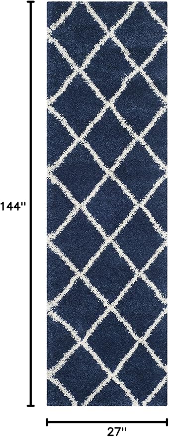 SAFAVIEH Hudson Shag Collection Runner Rug - 2'3" x 12', Navy & Ivory, Modern Trellis Design, Non-Shedding & Easy Care, 2-inch Thick Ideal for High Traffic Areas in Living Room, Bedroom (SGH281C)
