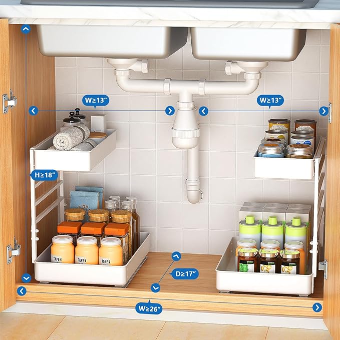 Metal Pull Out Slide Shelf Organizer for Framed or Frameless Under Sink Cabinets, Kitchen, Bathroom, Counter (White, 1 Set)