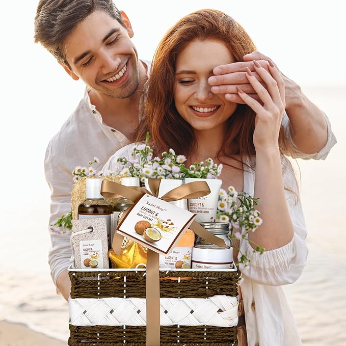26 Pcs Coconut Honey Almond Spa Gift Basket for Women & Men Spa Gift Basket Luxury Bath and Body Basket Set, Large Luxury Home Spa Kit, Relaxing Self Care Pamper Gifts Birthday Bridal Shower