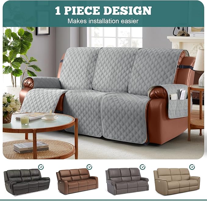 Ruaozz Waterproof Recliner Sofa Covers, 1-Piece Couch Covers for Reclining Couches Reclining Couch Cover Washable Furniture Protector with Elastic Straps Pocket for Kids Pets (Light Grey, 3 Seater)