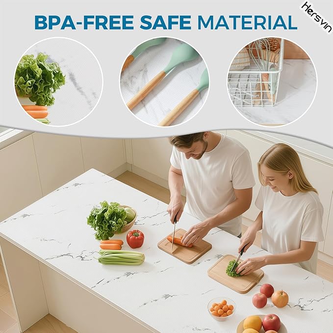 Hersvin Shelf Liners 20 in x 20 ft EVA Drawer Mats, Non-Adhesive Cupboard Protector, Kitchen Cabinet Lining Fridge Liner (White Marble Stripe, 50.8x610cm)