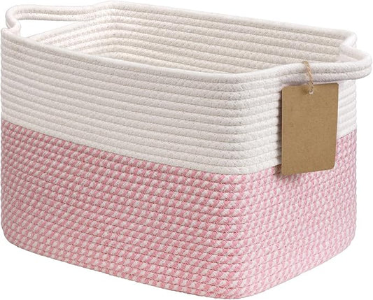 Goodpick Woven Storage Basket, 13" x 10" x 9" Storage Baskets for Organizing, Rope Gift Basket with Handles, Baby Baskets Kids Toy Organizer for Living Room, Pink