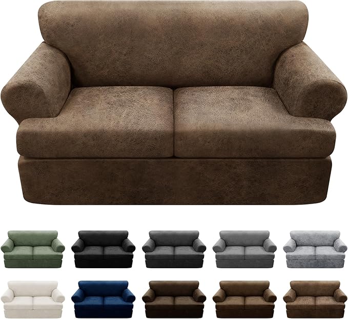 3-Pieces T Cushion Loveseat Slipcovers Leather Look Couch Cover Loveseat Covers for 2 Cushion Couch Furniture Protector Stretch Sofa Cover with 2 Individual T Cushion Seat Covers, Light Brown