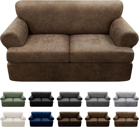 3-Pieces T Cushion Loveseat Slipcovers Leather Look Couch Cover Loveseat Covers for 2 Cushion Couch Furniture Protector Stretch Sofa Cover with 2 Individual T Cushion Seat Covers, Light Brown