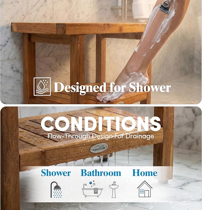 AquaTeak The Original 24" Spa Teak Shower Bench - Shower Stool with Storage Shelf for Bathroom - Durable Water Resistant Shower Chair with Teak Oil & Cleaner CareKit - Shaving Foot Rest
