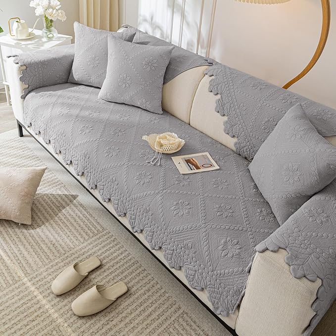 Cotton Quilted Dog Couch Cover for Sofa Farmhouse Rustic Embroidery Sectional Couch Cover Soft Anti-Slip Sofa Slipcover Furniture Protector for Kids, Pets (Grey,43"x43")