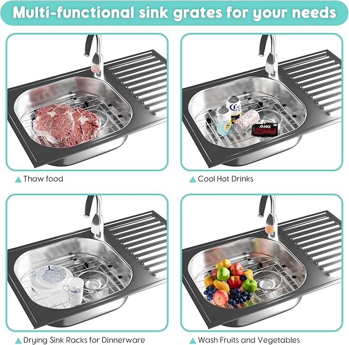 Sink Protectors for Kitchen Sink 13.1''x11.6''x1'', 304 Stainless Steel for Kitchen Sink Grate with Rear Drain, Sink Grate Sink Rack for Bottom of Sink with Sink Strainer