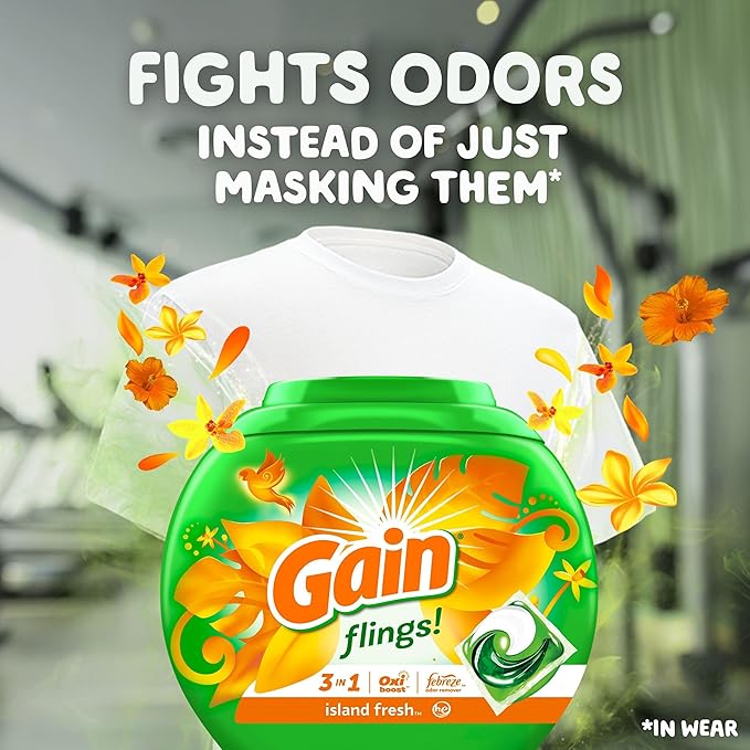 Gain Flings Laundry Detergent Pacs, 60 Count, Island Fresh Scent, with Odor Defense, concentrated laundry soap pacs (Pack of 4)