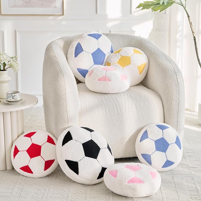Soccer Pillow,15" Soccer Shaped Pillow Floor Cushion Seating Cushion with Faux Rabbit Fur,Round Soccer Throw Pillow Room Décor for Sofa Couch Living Room (Dusty Blue)