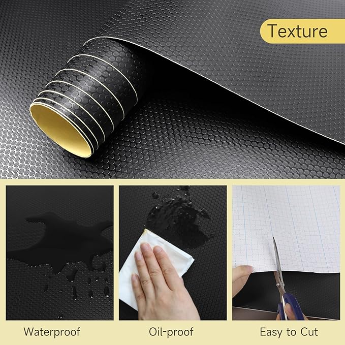 WochiTV Adhesive Shelf Liner 23.6 X 240 Inches Peel and Stick Kitchen Liner for Cabinets, Drawers Removable Protector Mat Waterproof Contact Covering for Dresser Pantry Countertops Shelves, Black