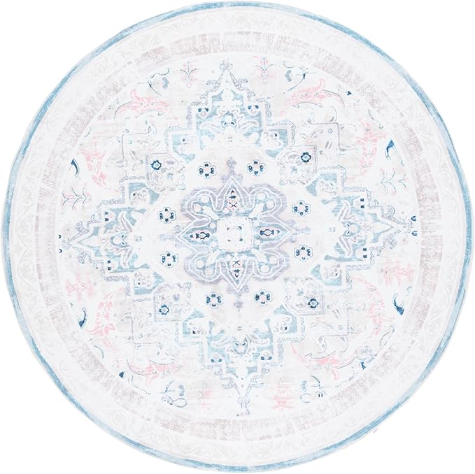 Safavieh Washable Rug Arizona Collection - 6' Round, Ivory & Aqua, Slip Resistant & Easy to Clean, Ideal for Living Room, Bedroom, Home Office, Dining Space (ARZ324A)