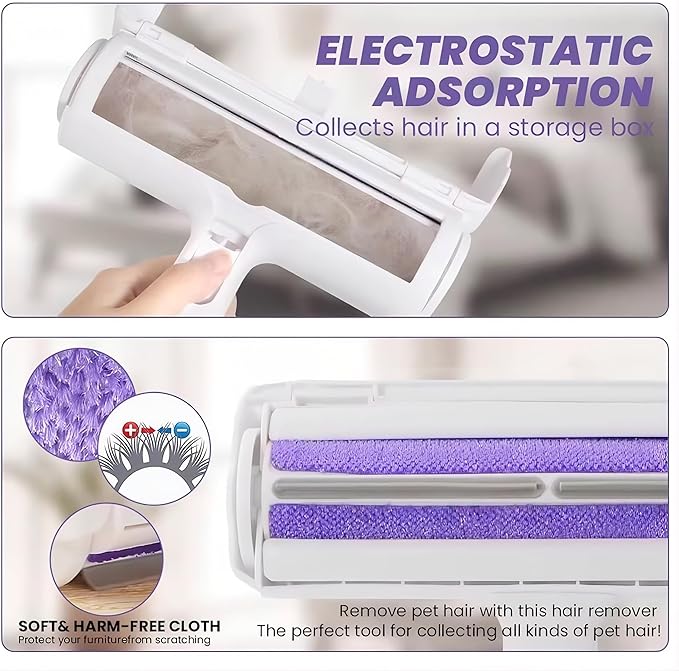 Reusable Pet Hair Remover Roller – Dog & Cat Fur Lint Cleaner for Sofa, Carpet, Bed & Car Seats – No Adhesive Required (White/Purple)