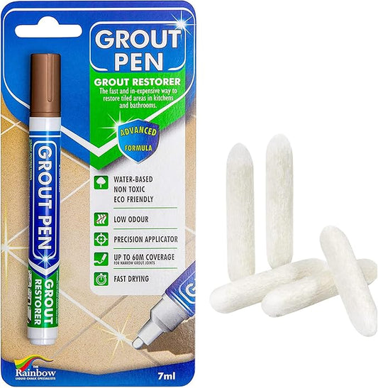 Grout Pen Tile Paint Marker: Brown Narrow 5mm with 5 Pack Replacement Tips - Waterproof Grout Colorant and Sealer Pen to Renew, Repair, and Refresh Tile Grout - Cleaner Coating Stain Pens