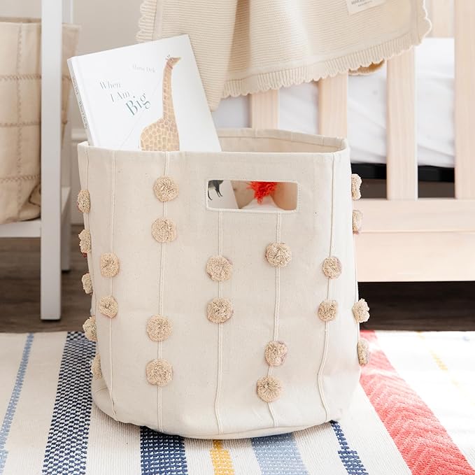 MakeMake Organics Storage Bins for Kids Nursery Bin Organizer (13"x12") Laundry Basket for Closet, Decorative Floor Storage Basket Canvas Fabric Storage Basket (Pompom - Pecan)
