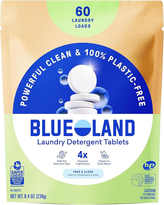 BLUELAND Laundry Detergent Tablets, 60 Count, Plastic-Free Eco-Friendly Pods, Sheets, Liquid Alternative - Fragrance Free and Clear, Natural, Gentle