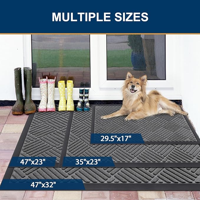 Smiry Front Door Mat Outside Entrance, Heavy Duty Outdoor Indoor Natural Rubber Doormat, Non Slip, Trap Dirt and Moisture, Easy Clean, Low Profile Patio Porch Entryway Mat, 71x47, Grey