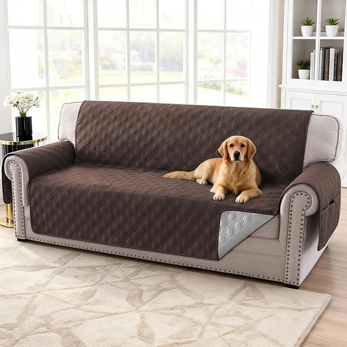 H.VERSAILTEX 100% Waterproof Sofa Cover Washable Couch Cover for Dogs with Elastic Straps Thick Durable Furniture Protector for Pets Couch Cover for 3 Cushion Couch(XL Sofa, Brown)
