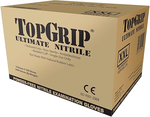 TopGrip Nitrile Exam Gloves, 6 Mil, Disposable, Powder Free, Textured, Case/1000, XX-Large XXL