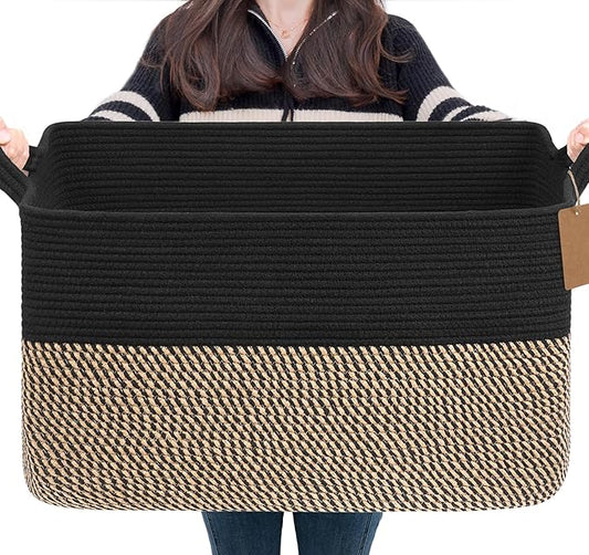 Goodpick Woven Storage Baskets for Organizing 22”x17”x12” Large Blanket Basket for Living Room Bedroom, Rectangle Wicker Storage Basket with Handles, Toy Baskets for Baby Boys, Black & Jute