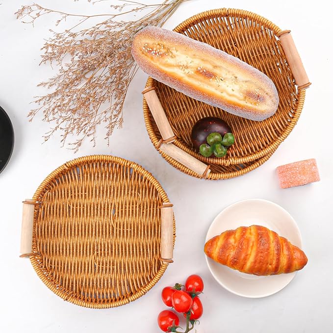 4 Pack 8.9 inch Round Rattan Tray, Round Woven Serving Basket with Handles, Storage Rattan Serving Trays for Home, Restaurant & Hotel Use, Durable & Easy-Cleaning