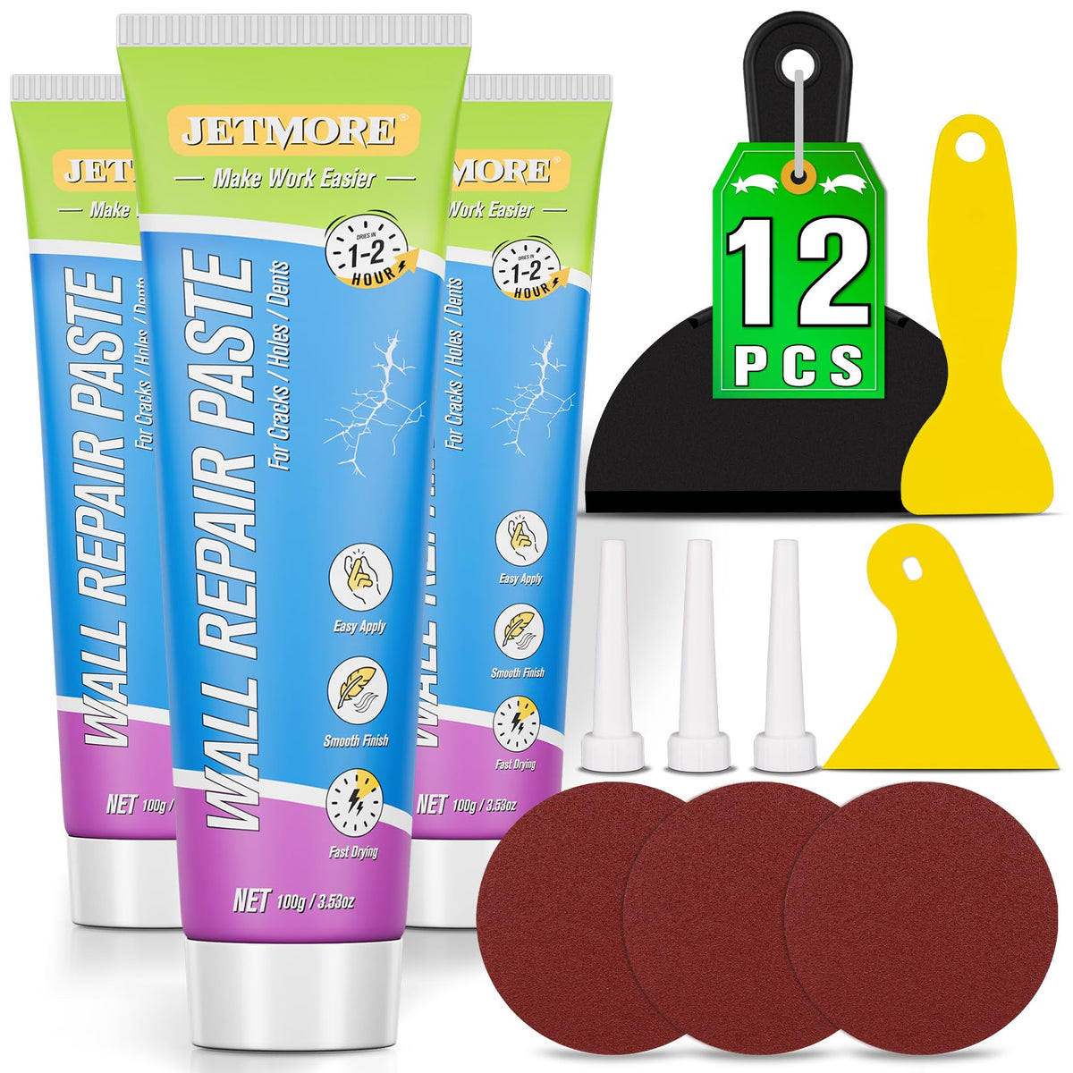 12 Pcs Drywall Repair Kit, 3 x 3.5 oz Wall Repair Paste | Home Repair - Image 1