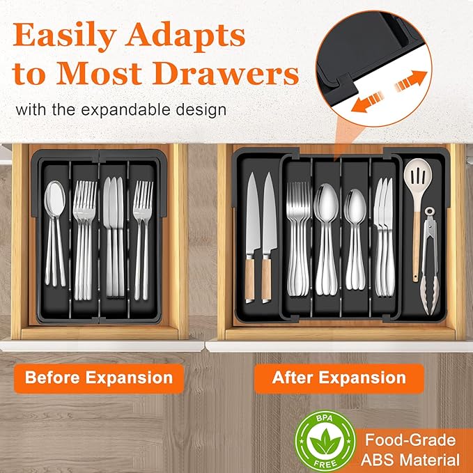 Kitchen Silverware Organizer for Drawer - Expandable Silverware Drawer Organizer Adjustable Utensil Drawer Holder, Flatware Cutlery Tray for Spoons Forks Kitchen Organizers Storage,Black, S