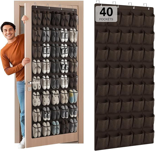 40-Pocket Over the Door Shoe Organizer - Large Mesh Pocket Hanging Shoe Organizer,Behind the Door Shoes Storage Holder Hanger (Coffee color)