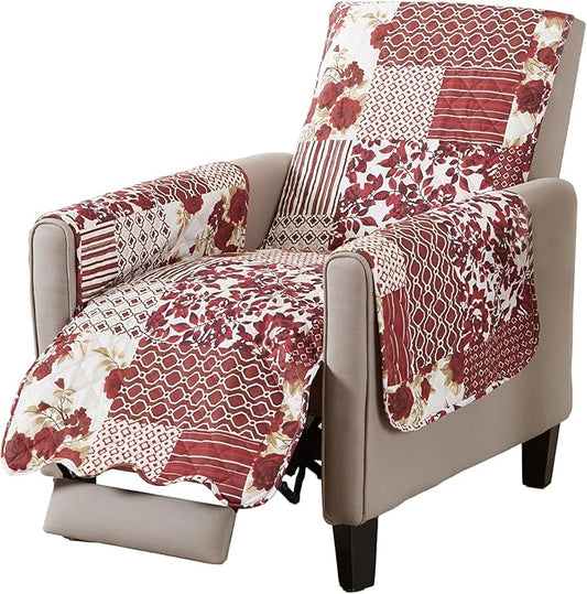 Great Bay Home Reversible Patchwork Recliner Chair Cover - Washable Slipcover Furniture Protector with Elastic Straps - Couch Cover for Dogs, Kids, and Pets - Box-Stitched Detail (Recliner, Burgundy)