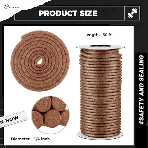 1/4 Inch x 50 ft Foam Backer Rod for Gaps Joints Concrete Crack Filler Caulk Saver Bulk Foam Backing Rod Concrete Filler Rope for Weather Stripping Door Seal (Brown)
