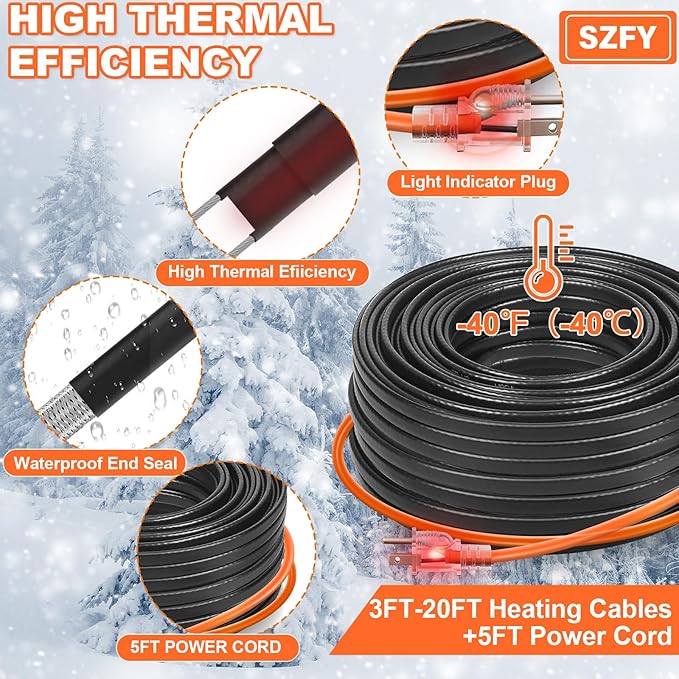 140FT Heat Tape for Water Pipes, -40°F Deicing Cable,Pipe Heating Cables for Roof,Gutter，Farm，Freeze Protetion Heat Trace Cable, Heated Water Hose,Plumbing Fixtures,120V 5W/FT