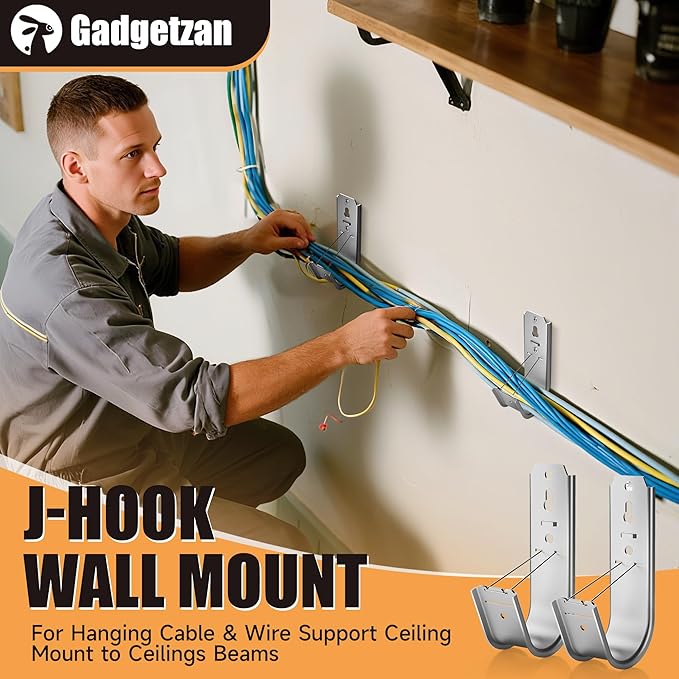 50 Pack J Hooks for Cable Management | 2 Inch Galvanized Steel J-Hook with Retainer Clip for Hanging Cable & Wire Support Ceiling Mount to Ceilings Beams