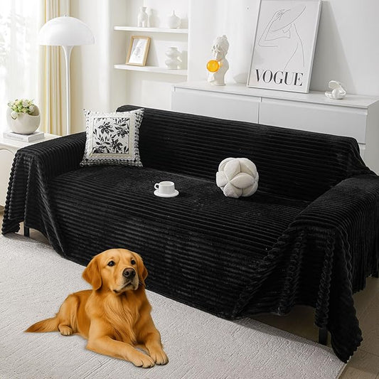 HAOMAIJIA Faux Fur Sofa Covers Couch Covers for 3 Cushion Couch Sofa Pet Friendly Soft Non Slip Couch Cover for Dogs Washable Sectional Couch Covers L Shape Furniture Protector (Black, 71"x150")