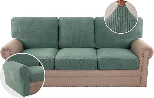 H.VERSAILTEX Multi-Pieces Sofa Covers Stretch Couch Covers Form Fitted Seats and Back Cushions Covers (3 Seat Covers Plus 3 Back Cusion Covers, Bonus 2 Armrest Covers), Sage