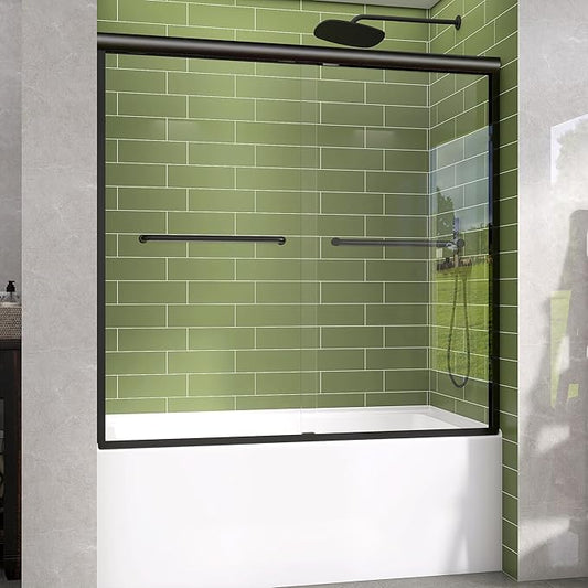 GETPRO Tub Shower Door Sliding 56-60 in. W x 58 in. H Semi-Frameless Bypass Double Sliding Bathroom Glass Tub Door,1/4 inch Clear Tempered Glass Bathtub Door Matte Black