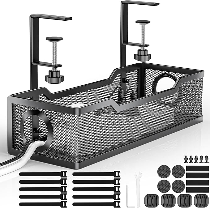 Under Desk Cable Management Tray, GZOKMOG Cord Management with Upgraded Clamp No Drill, Metal Cable Management Box for Home Office, Wire Management for Standing Desk, 1 Pack Black, 13.38 inch