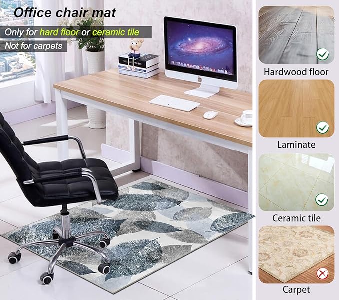 Office Chair Mat for Hardwood Floor &Low-Pile Carpet,55"*35" Under Desk Mat, Computer Chair Rug,Anti-Slip Floor Protector for Home Office Blue Leaf