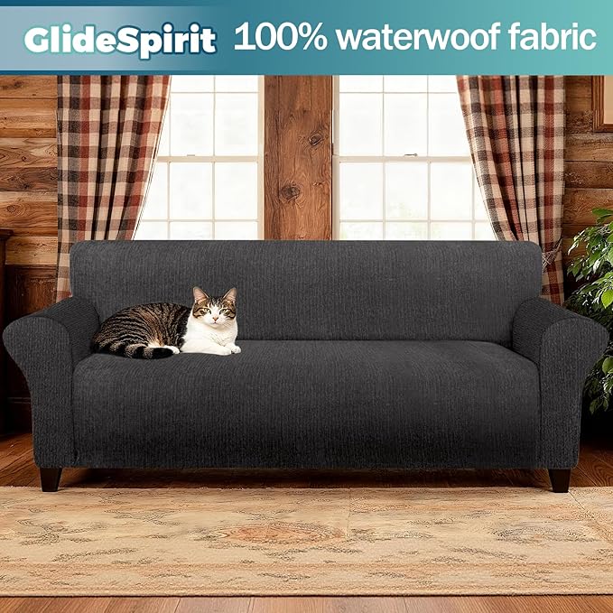 Waterproof Stretch Spandex Loveseat Couch Cover - Non-Slip Soft Sofa Slipcover with Elastic Bottom, Washable Leakproof Furniture Protector for Kids, Pets, Dogs & Cats (Loveseat, Dark Gray)