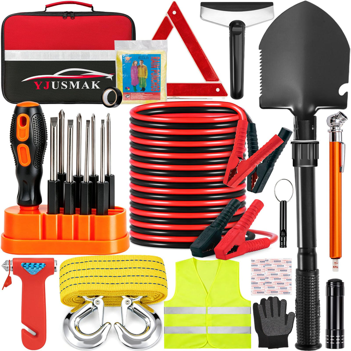 Car Roadside Emergency Kit with Jumper Cables, Shovel - Image 1