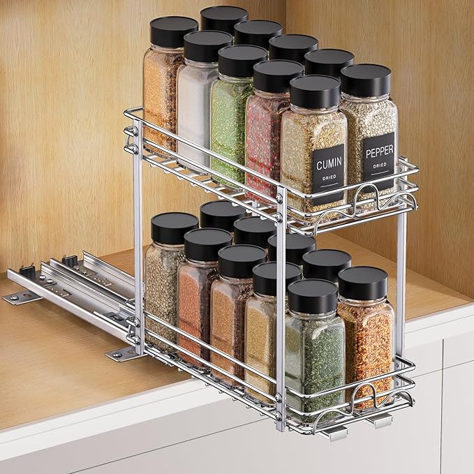 2 Tier Pull Out Spice Rack Organizer for Cabinet，Heavy-Duty Slide Rails with Raised Base Pull Out Spice Drawer Organizer, Fits Pantry & Kitchen Cabinets, 5.5''Wx10.63''Dx10.04''H