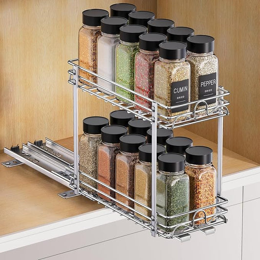 2 Tier Pull Out Spice Rack Organizer for Cabinet，Heavy-Duty Slide Rails with Raised Base Pull Out Spice Drawer Organizer, Fits Pantry & Kitchen Cabinets, 5.5''Wx10.63''Dx10.04''H