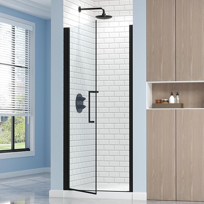 Frameless Pivot Shower Door 34.8-36" W X 72" H, 1/4" (6mm) Clear SGCC Tempered Glass, Hinged Pivot Swing Shower Door, Reversible Installation, Easy to Clean, Matte Black