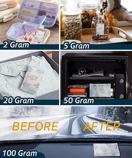 100 Gram (15 Pack) Color-Indicating Silica Gel Packets, Premium Food Grade Desiccant - Rechargeable Moisture Absorbers for Food Storage, Electronics, 3D Filament & Safes