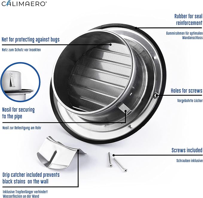 calimaero® KWG 6 inch Round Stainless Steel Outdoor Dryer Vent Covers Ventilation Grill Hood with Rubber Seal Fits only with Metal Ducts